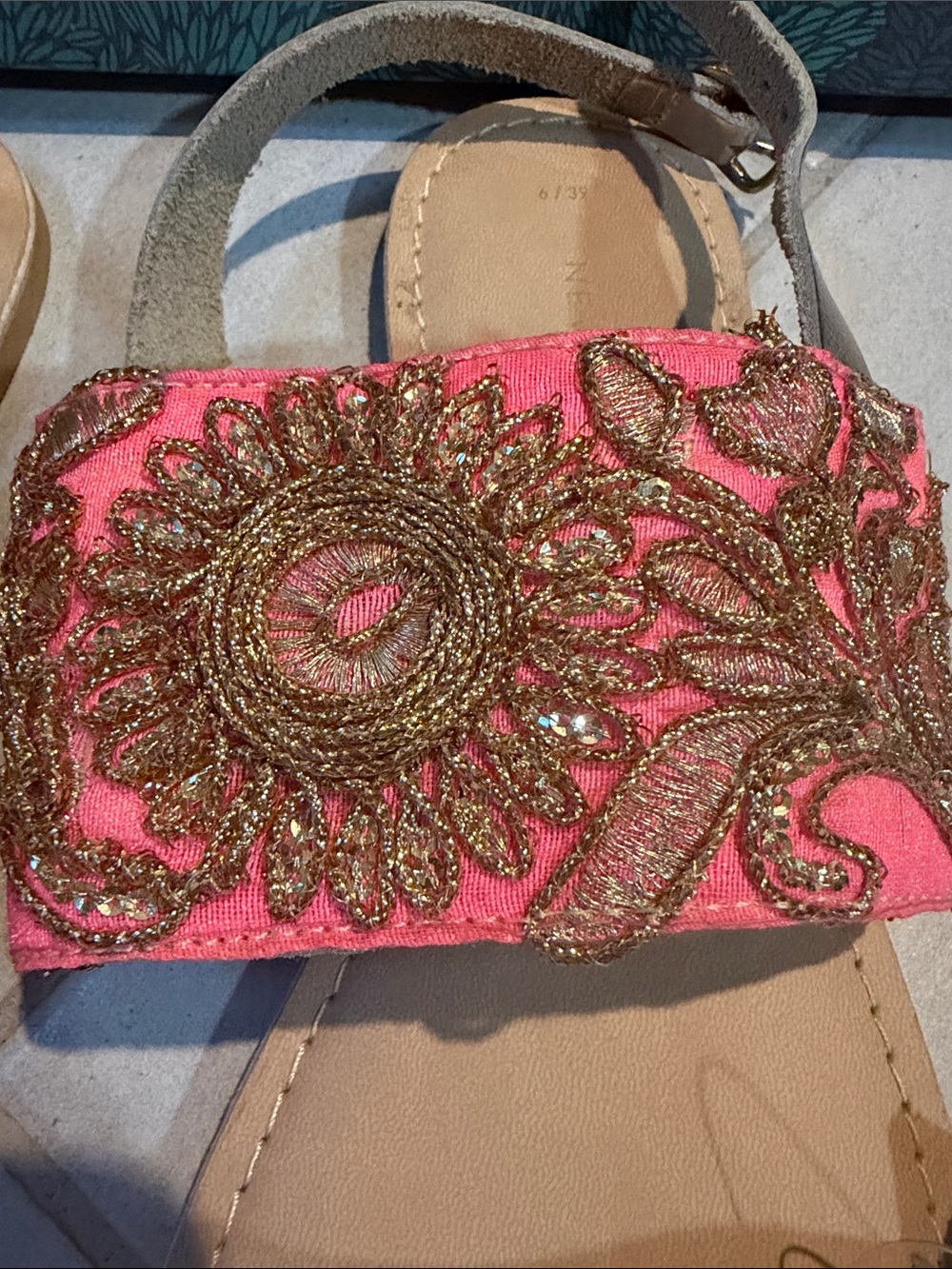 New Look Gold-Strap Sandals with Pink Embroidered Panels - Picture 3 of 5